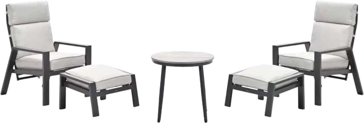 max verstelbare loungestoel + voetenbankjes en bijzettafeltje carbon/sand 5 delig
