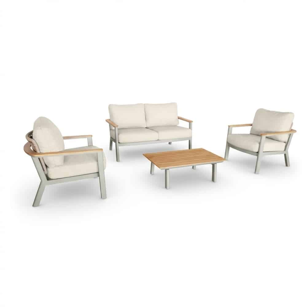 montana stoel bank loungeset 4 personen incl. tafel | aluminium + teak | beige | 4 delig