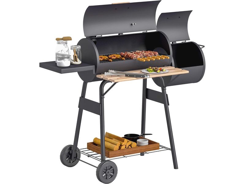 Multifunctionele Houtskool Grillwagen met Twee Verbrandingskamers en Thermometer