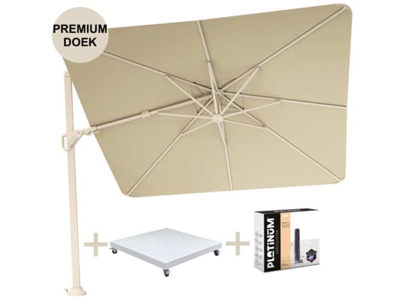 Nexus T2 premium zweefparasol 300x300 cm sand stone mast Champagne met zandkleur parasolvoet 90kg en hoes