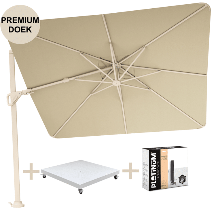 nexus t2 premium zweefparasol 300×300 cm sand stone mast champagne met zandkleur parasolvoet 90kg en hoes