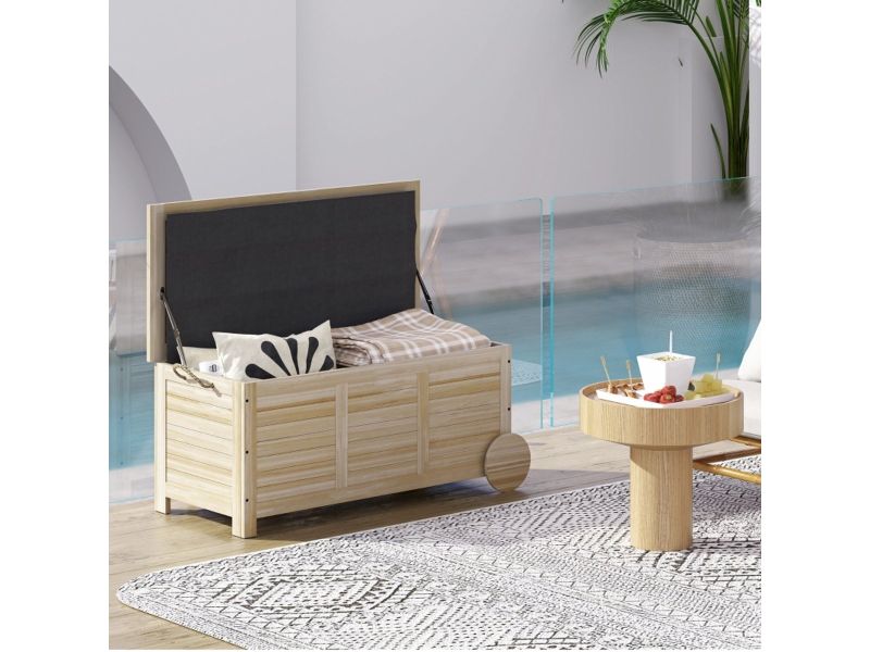 OKWISH Opbergbox Tuin En Balkon - 185 L Opbergruimte Met Zitdeksel - Met Wielen - Vochtwerende Binnenvoering - Hout Naturel - 110×50×50 Cm