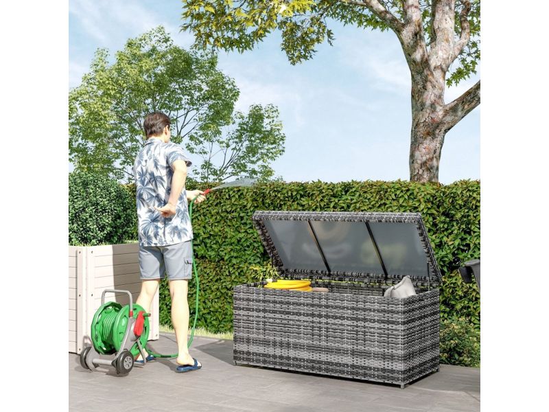 OKWISH Opbergbox Voor Tuinkussens - 380 L Opbergruimte Met Deksel En Gasveren - Voor Tuin En Balkon - Rattan Donkergrijs - 130×61×65 Cm