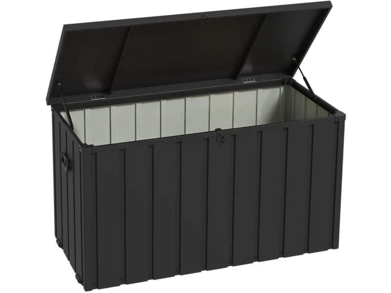 Opbergbox met Deksel - Tuinkussenbox 450L - Kussenbox met Wielen - Tuinbox - Tuinopbergbox - Opbergdoos - Weersbestendig - Voor Buiten in de Tuin - Stalen Frame - Donkergrijs