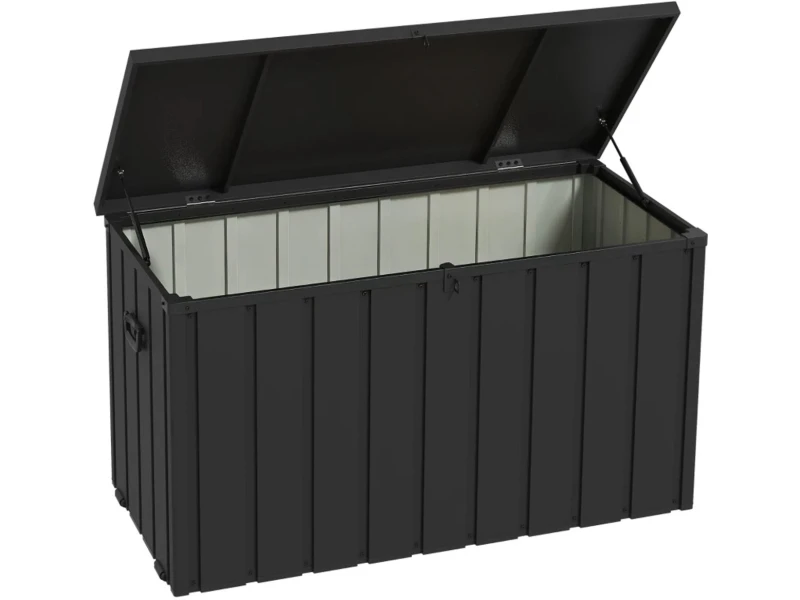 Opbergbox met Deksel - Tuinkussenbox 450L - Kussenbox met Wielen - Tuinbox - Tuinopbergbox - Opbergdoos - Weersbestendig - Voor Buiten in de Tuin - Stalen Frame - Donkergrijs