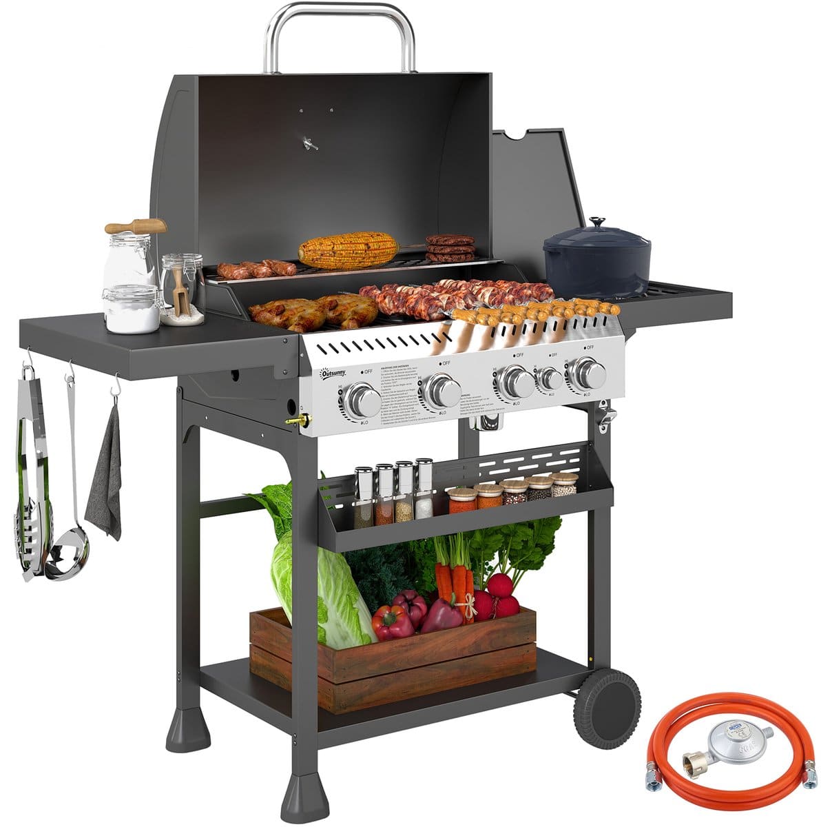 outsunny gasbarbecue rvs 135x55x103 cm zwart