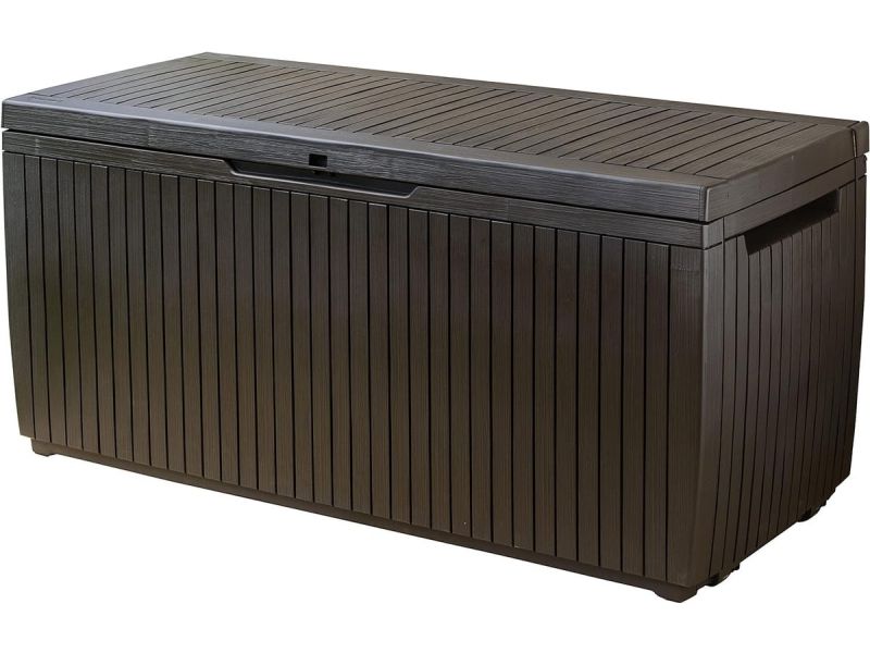 PolkaHome 123 x 53 x 57 cm Springwood Outdoor Plastic Opbergdoos Tuinmeubilair - Bruin met Deksel | Grote Opbergbox voor Tuin | Waterdicht en Duurzaam