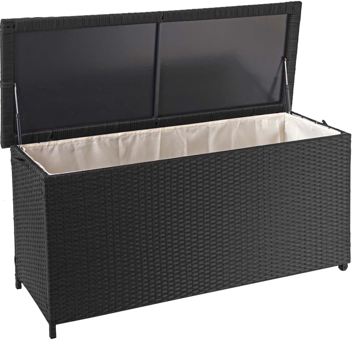 polyrotan kussenbox mcw d88, tuinkist kussenbox kist ~ premium zwart, 63x135x52cm 320l