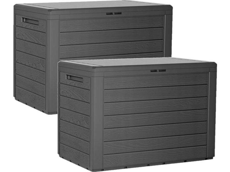 Prosperplast antraciet tuin kussen opbergbox - 2x - hout patroon - 190 liter - kunststof - Tuinopbergers