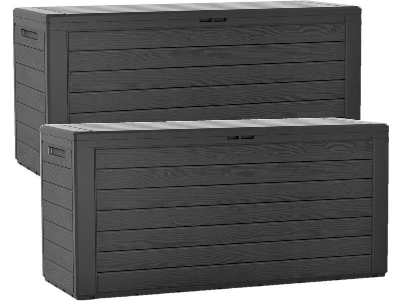 Prosperplast Tuin kussen opbergbox - 2x - grijs - hout patroon - 280 liter - kunststof - 116 x 44 x 55 cm