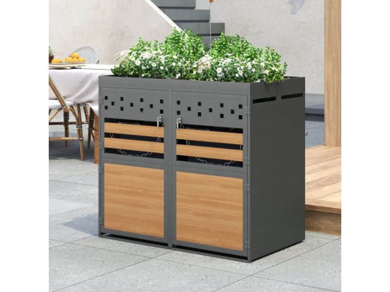 Re-purelife® Afvaltonnen Kast Set van 2 - 120-240 Liter - Containerombouw & Containerberging Grijs Met Hout Look