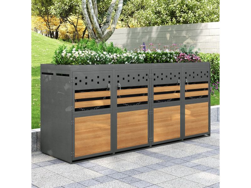 Re-purelife® Afvaltonnen Kast Set van 4 - 120-240 Liter - Containerombouw & Containerberging Grijs Met Hout Look
