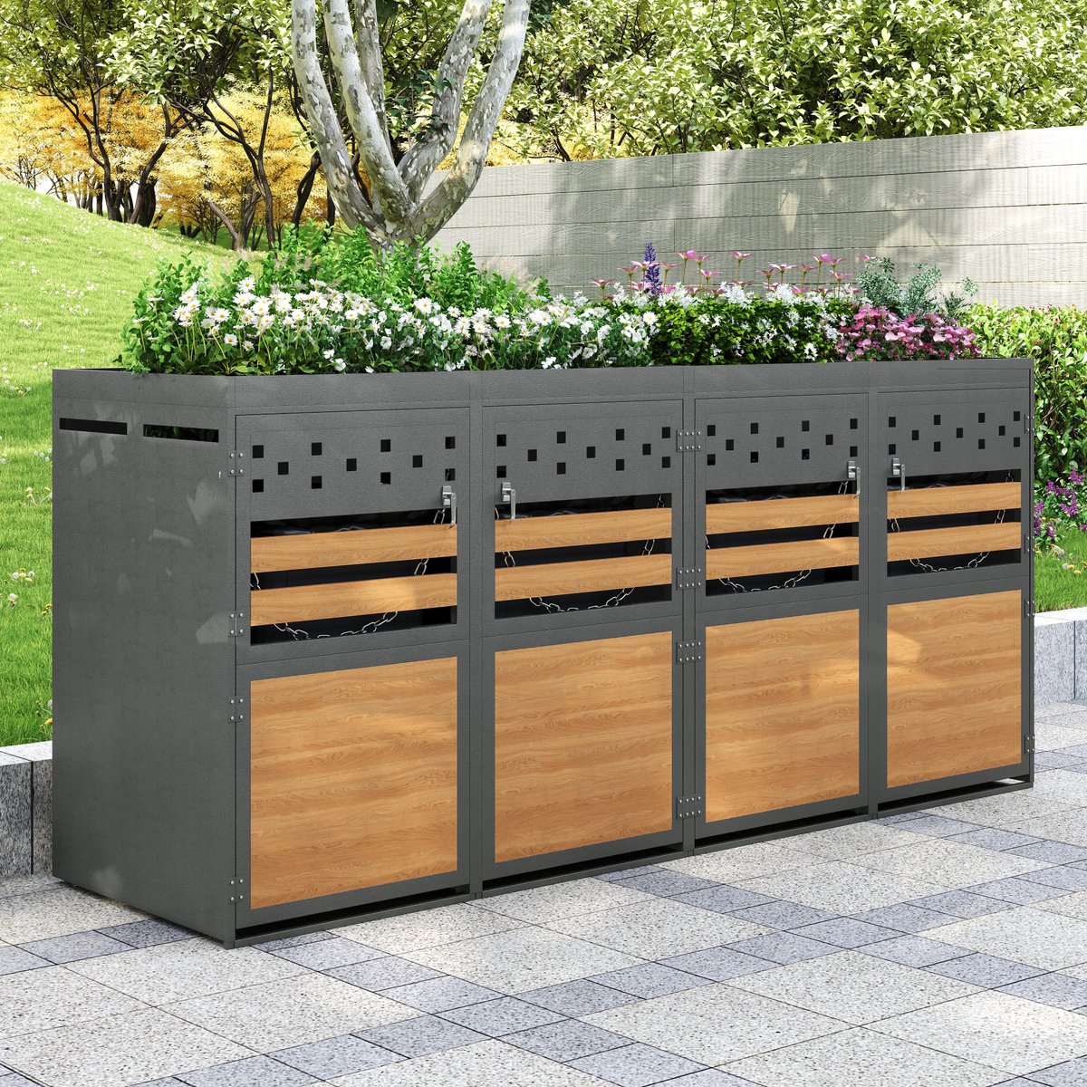 re purelife® afvaltonnen kast set van 4 120 240 liter containerombouw & containerberging grijs met hout look