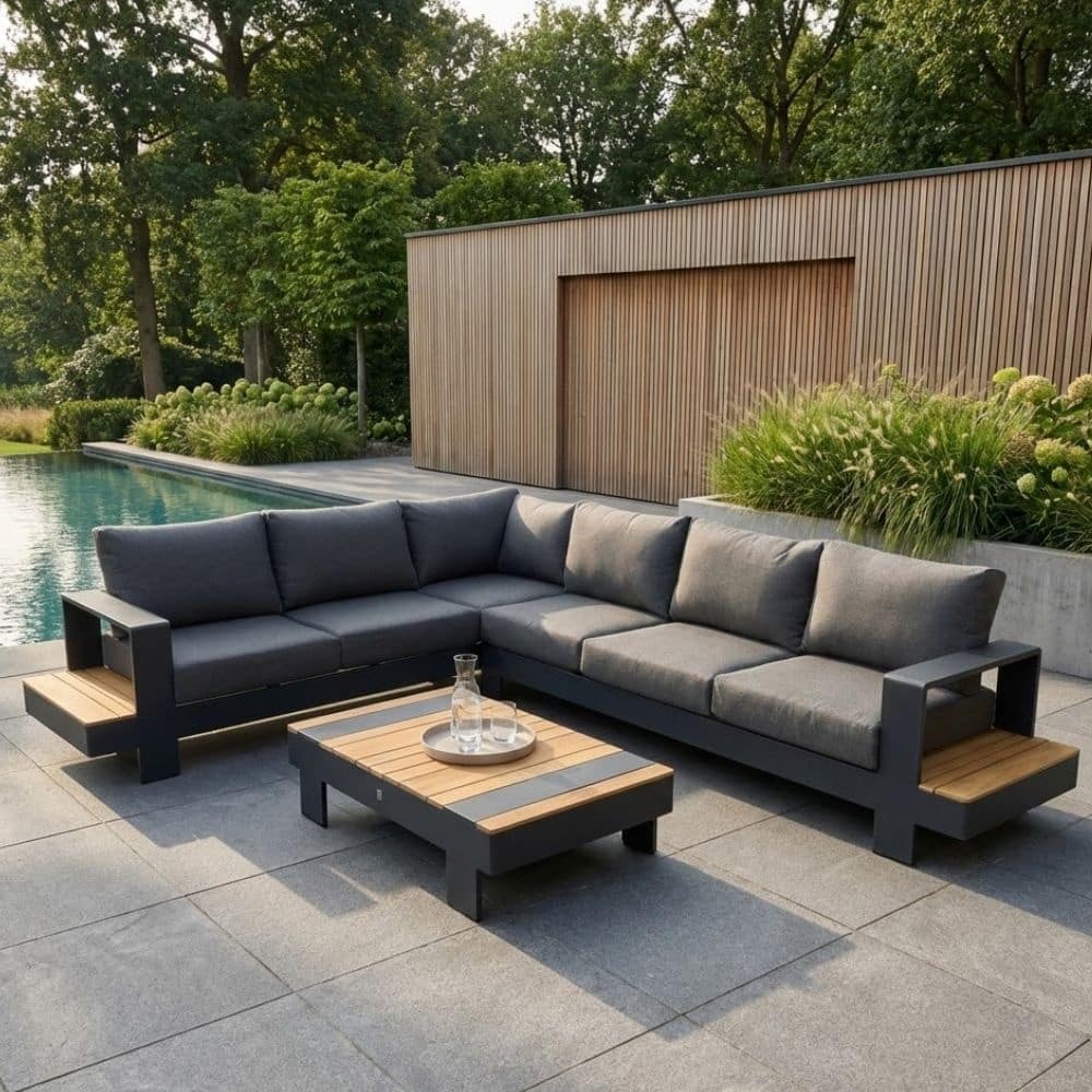 riviera hoek loungeset 6 personen | aluminium + teak | antraciet | 3 delig 327x252cm