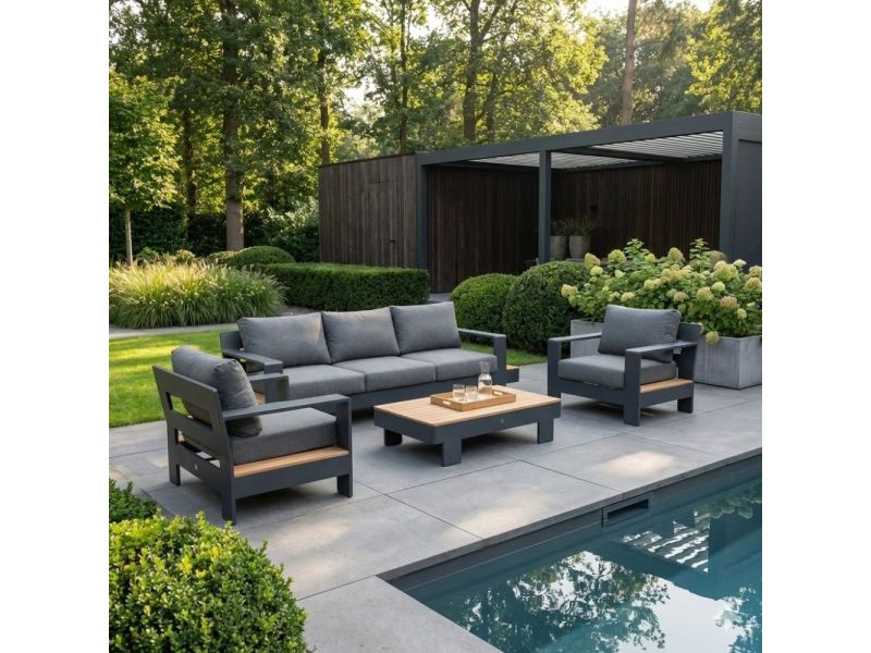 Riviera stoel-bank loungeset 5 personen | aluminium + teak | antraciet | 4-delig