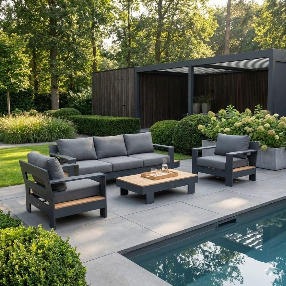 riviera stoel bank loungeset 5 personen | aluminium + teak | antraciet | 4 delig
