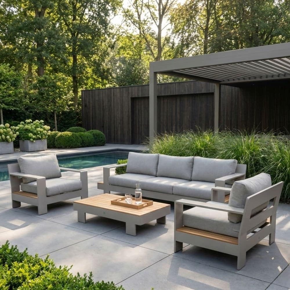 riviera stoel bank loungeset 5 personen | aluminium + teak | beige | 4 delig