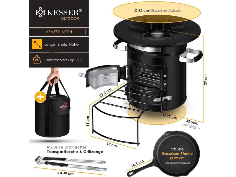 Rocket Stove BBQ kooktoestel - camping grillpan gietijzer met draagtas