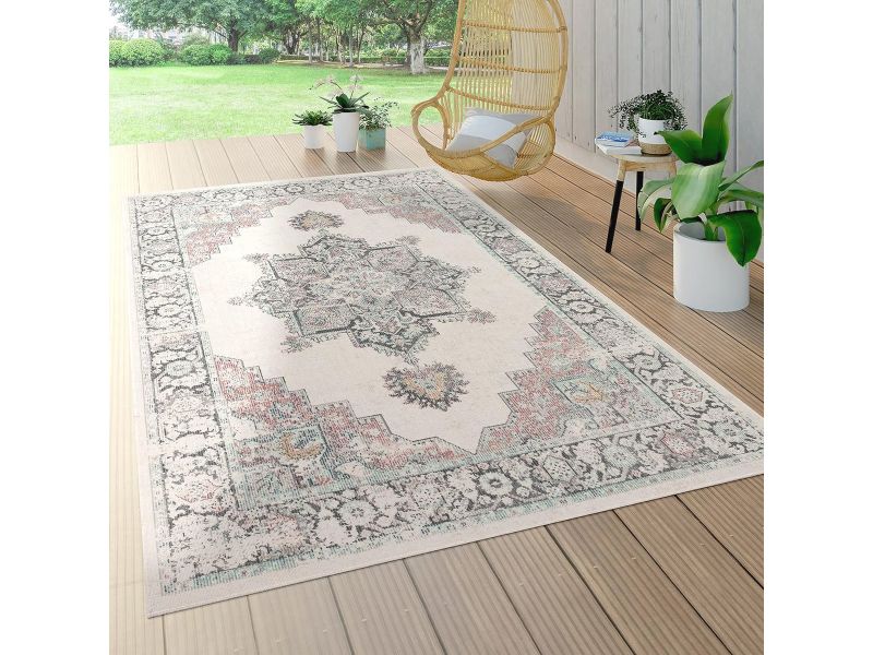 Rond Beige Buitenkleed met Oriëntaals Patroon - Ø 160 cm - Voor Balkon en Terras