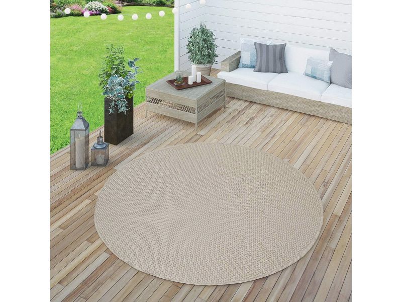 Rond Beige Buitenkleed Ø 200 cm | Moderne Flatweave Tapijt voor Tuin en Balkon