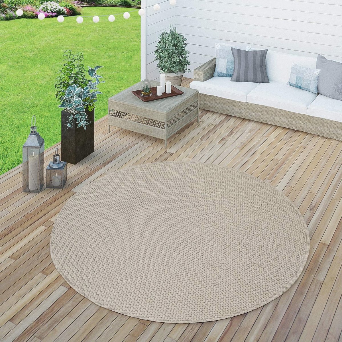 rond beige buitenkleed Ø 200 cm | moderne flatweave tapijt voor tuin en balkon