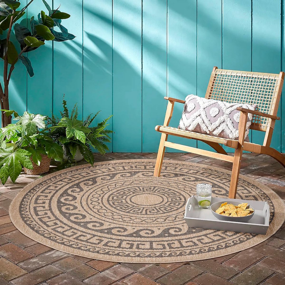 rond buitenkleed 120 cm weerbestendig terraskleed met natuurlijke sisal look voor balkon, tuin of keuken