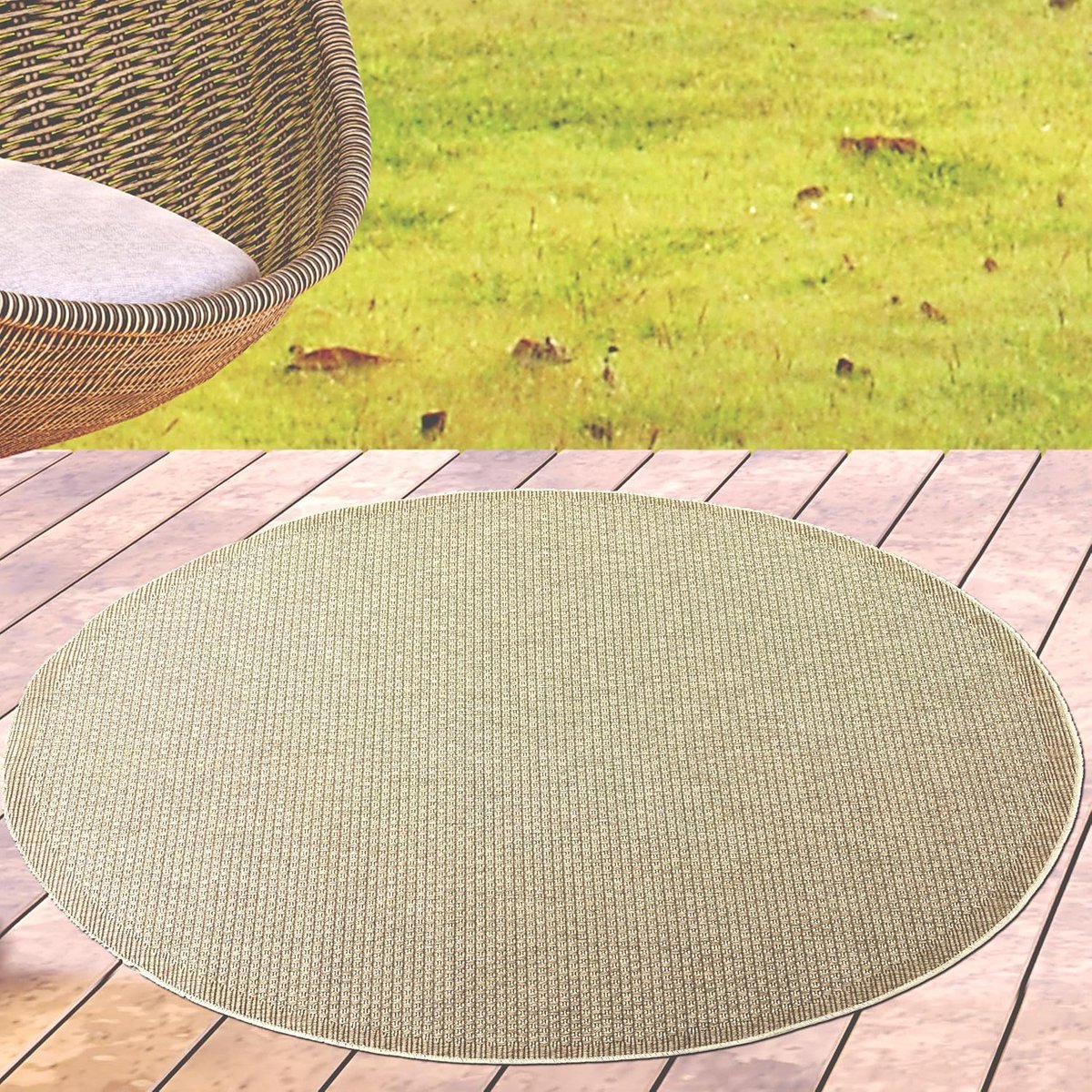 rond buitenkleed beige met sisal look voor balkon en tuin