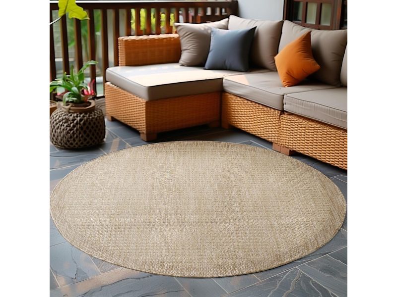 Rond Buitenkleed Weerbestendig Plat Geweven Vloerkleed voor Balkon, Tuin en Patio - Beige 120 cm