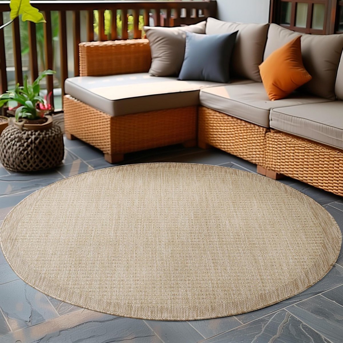 rond buitenkleed weerbestendig plat geweven vloerkleed voor balkon, tuin en patio beige 120 cm