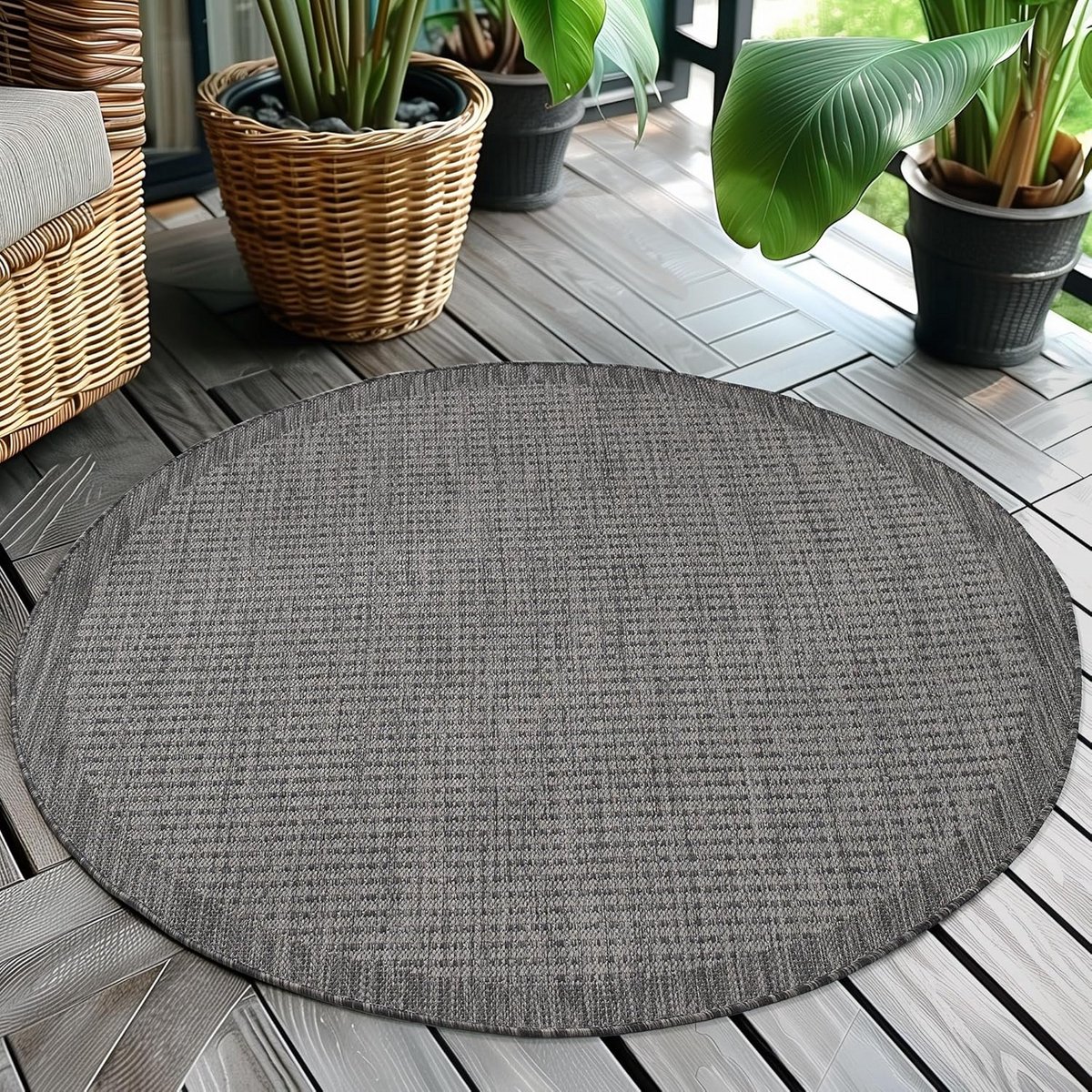 rond buitenkleed zwart 120 cm weerbestendig vloerkleed voor balkon, tuin en terras