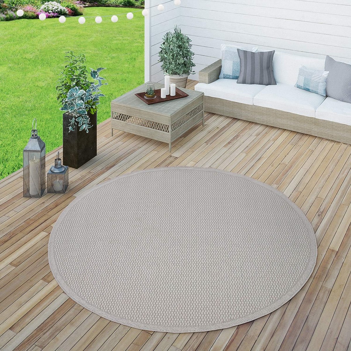 ronde buitenmat terras en balkon vloerkleed crème beige geschikt voor keuken