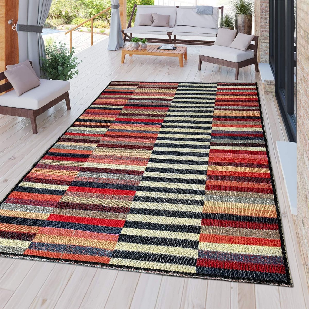 ronde buitenmat weerbestendig boho stijl 200 cm rood zwart beige