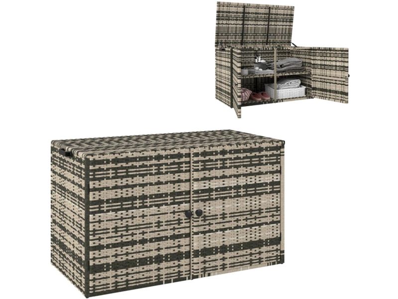 Rotan Opbergbox met Deksel - 2-laags Tuinkussenbox - Kussenbox 350L - Tuinbox 118x57x69 cm - Weersbestendig - met Hefstangen, Draaggrepen - Voor Buiten in de Tuin - Gemengd Grijs