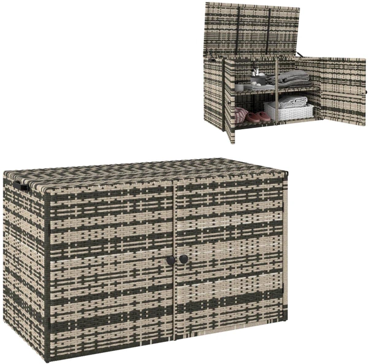 rotan opbergbox met deksel 2 laags tuinkussenbox kussenbox 350l tuinbox 118x57x69 cm weersbestendig met hefstangen, draaggrepen voor buiten in de tuin gemengd grijs