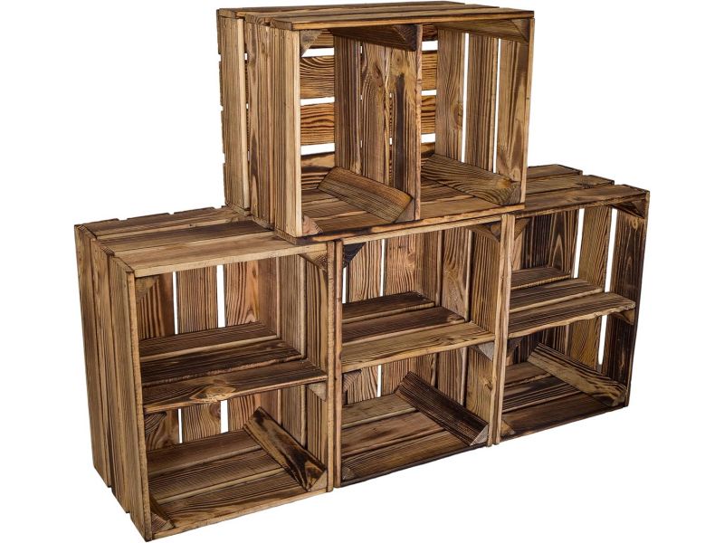 Set van 4 Gevlamde Houten Kisten 40x30x25cm - Robuuste Opslag voor Binnen en Buiten