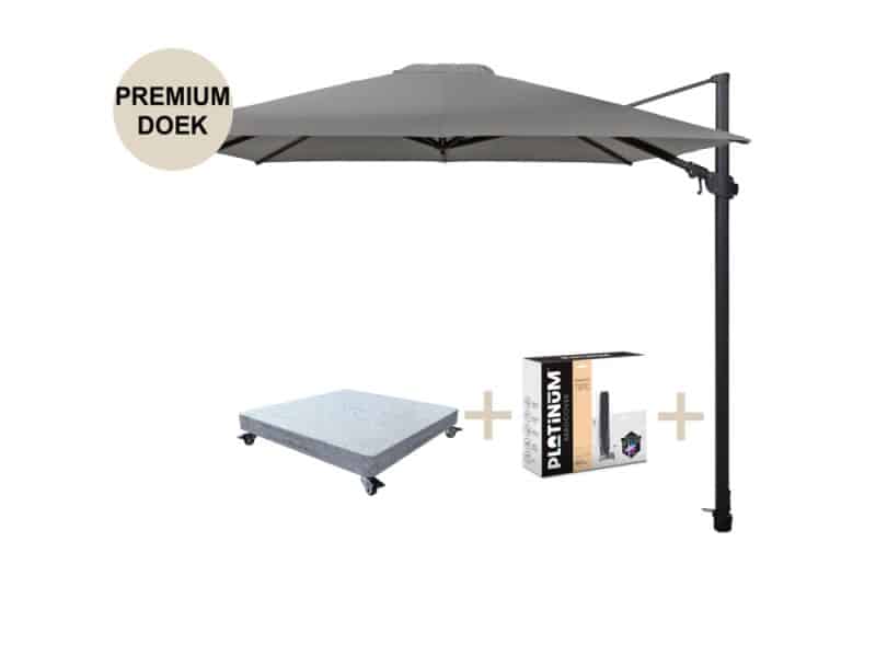 Siesta premium zweefparasol 300x300 cm charcoal met robuust 90 KG voet en hoes