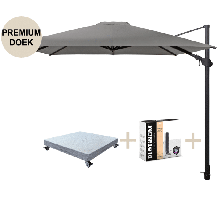 siesta premium zweefparasol 300×300 cm charcoal met robuust 90 kg voet en hoes