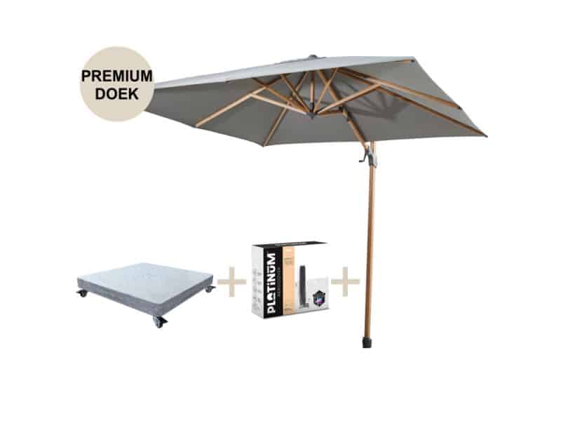 Siesta premium zweefparasol 300x300 cm houtlook charcoal 4 Seasons Outdoor met robuust 90KG voet en hoes