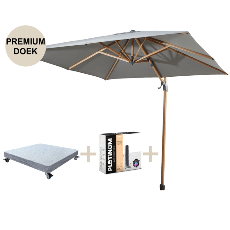 siesta premium zweefparasol 300×300 cm houtlook charcoal 4 seasons outdoor met robuust 90kg voet en hoes