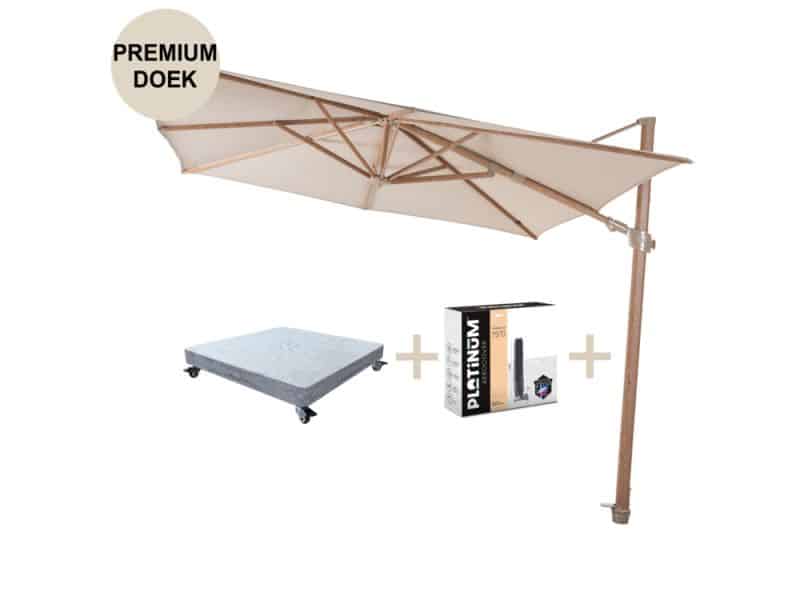 Siesta premium zweefparasol 300x300 cm houtlook sand 4 Seasons Outdoor met robuust 90KG voet en hoes