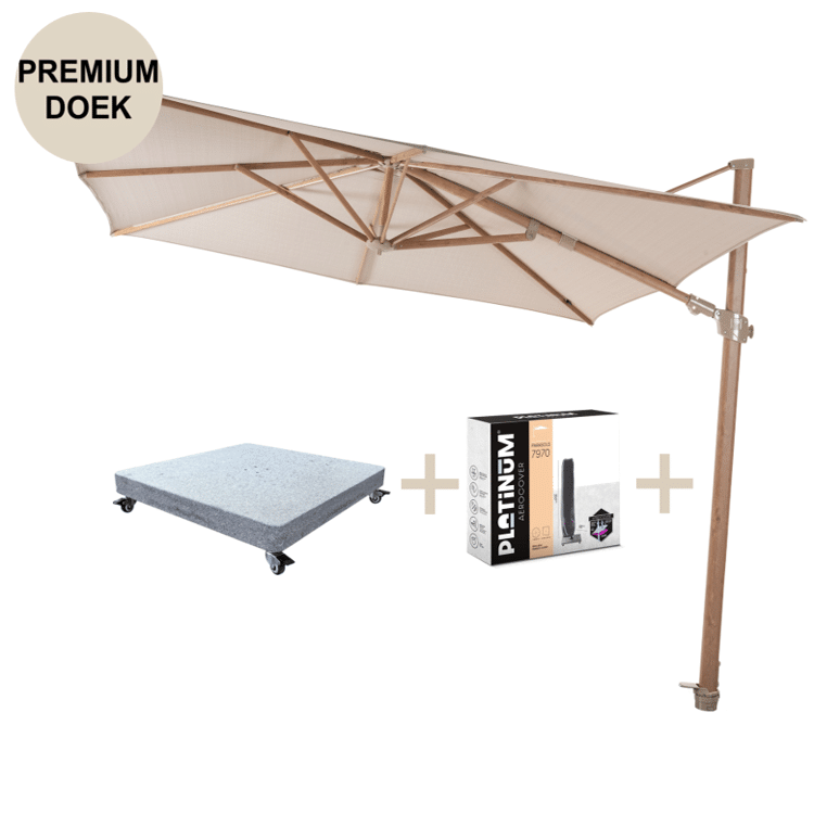 siesta premium zweefparasol 300×300 cm houtlook sand 4 seasons outdoor met robuust 90kg voet en hoes