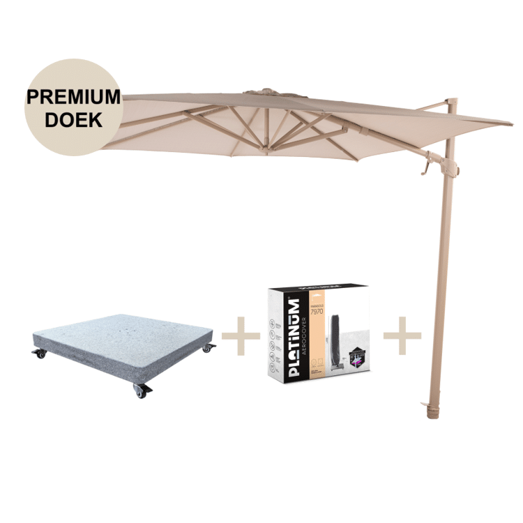 siesta premium zweefparasol 300×300 cm latte frame sand 4 seasons outdoor met robuust 90 kg voet en hoes