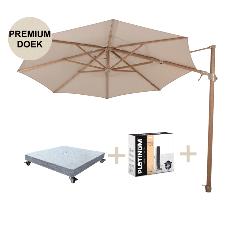 siesta premium zweefparasol 350 cmØ houtlook frame sand 4 seasons outdoor met robuust 90kg voet en hoes