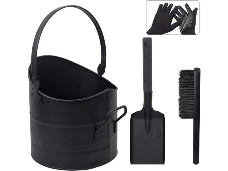 Steenkool en Asemmer met Schop, Bezem en Handschoenen - 2,6 Gallon Metalen Kolenemmer voor Binnen en Buiten, Vuurkorven en Houtkachels