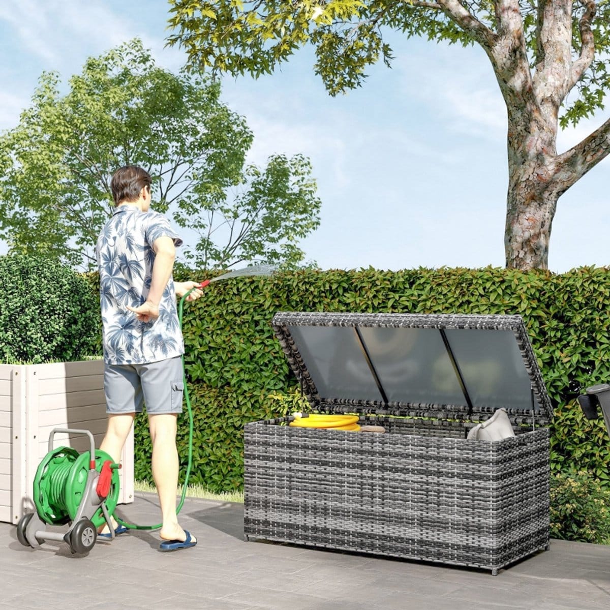 stilvora opbergbox met deksel 380 l opbergruimte met gasveren voor tuin en balkon rotanlook donkergrijs 130x61x65 cm