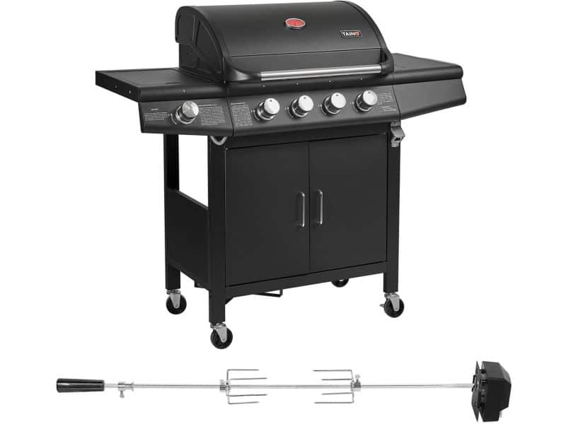 TAINO RED 4+1 gasgrillset met draaispit - BBQ-grillwagen roestvrijstalen brander
