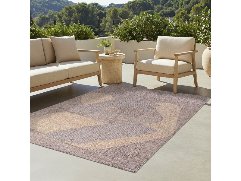 TAPISO Yucana Buitentapijt - Flatweave Vloerkleed Buiten & Binnen - Modern Abstract Patroon - Bruin Crème Buitenkleed - Weerbestendig & UV-bestendig 200x300