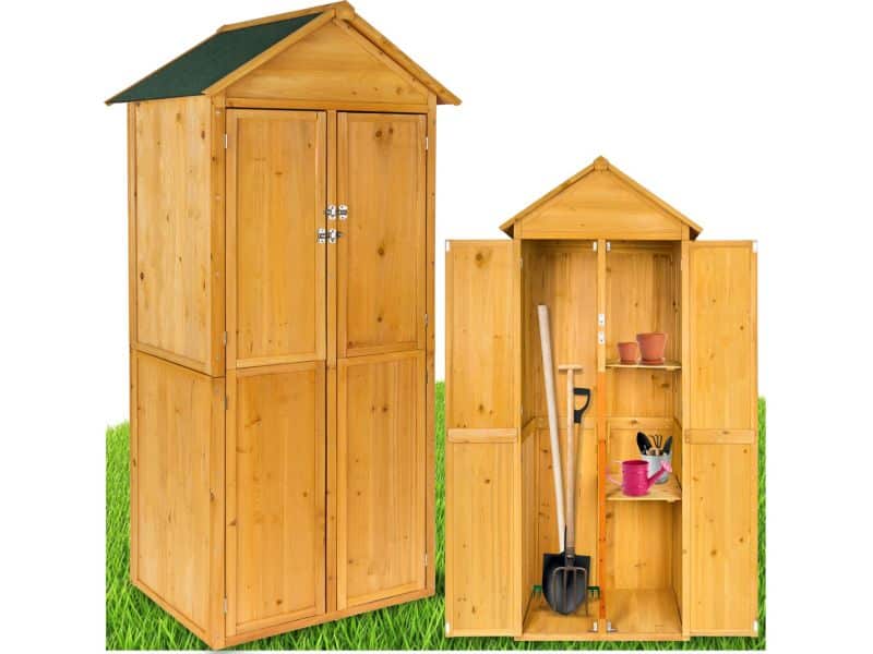 tectake® Houten Tuinkast - Buitenkast met Bitumen Dak - 80,5 x 60 x 213,5 cm - Opbergkast - Gereedschapskast met 2 planken - Terraskast - Balkonkast - Gereedschapshok