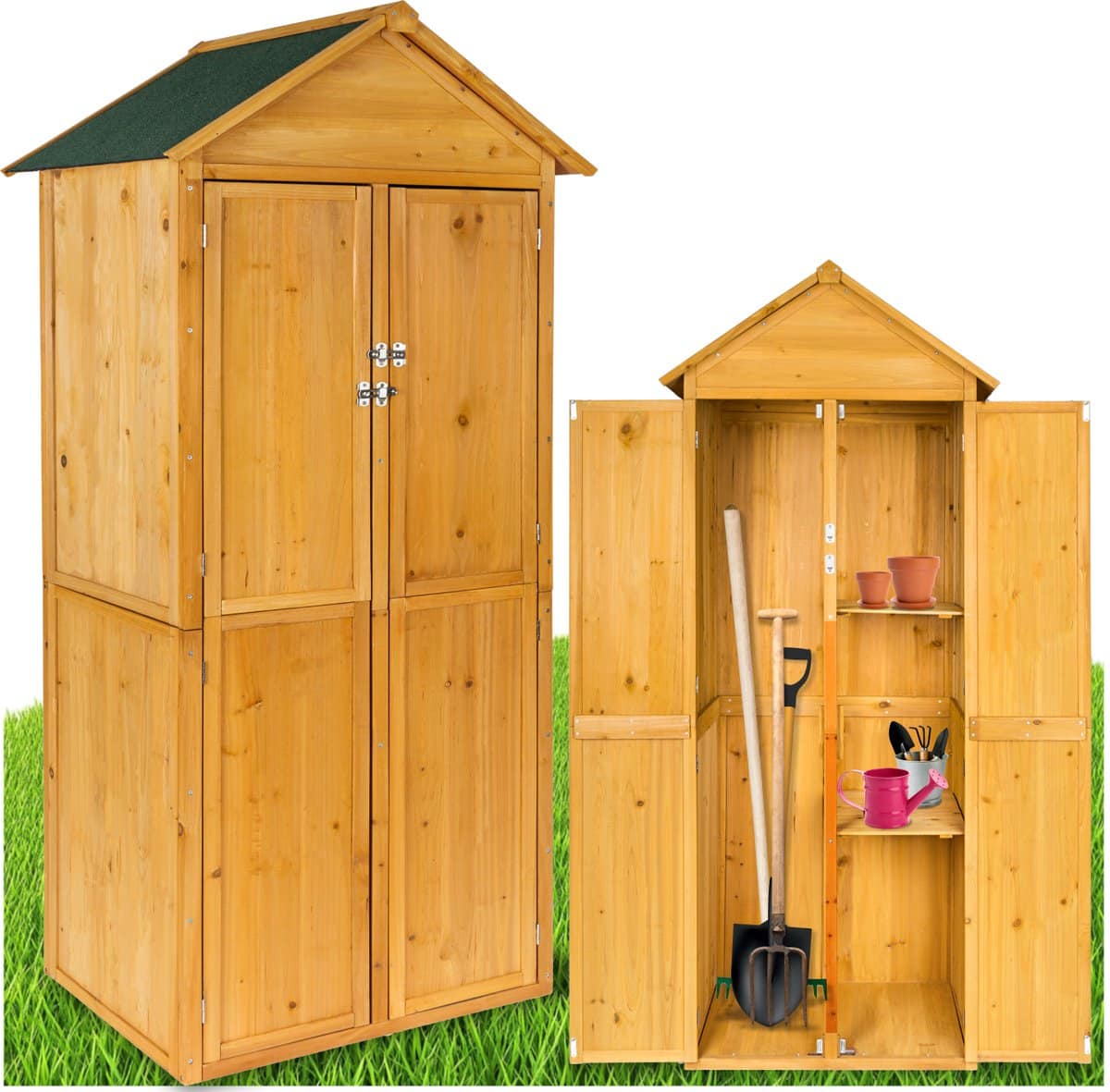tectake® houten tuinkast buitenkast met bitumen dak 80,5 x 60 x 213,5 cm opbergkast gereedschapskast met 2 planken terraskast balkonkast gereedschapshok
