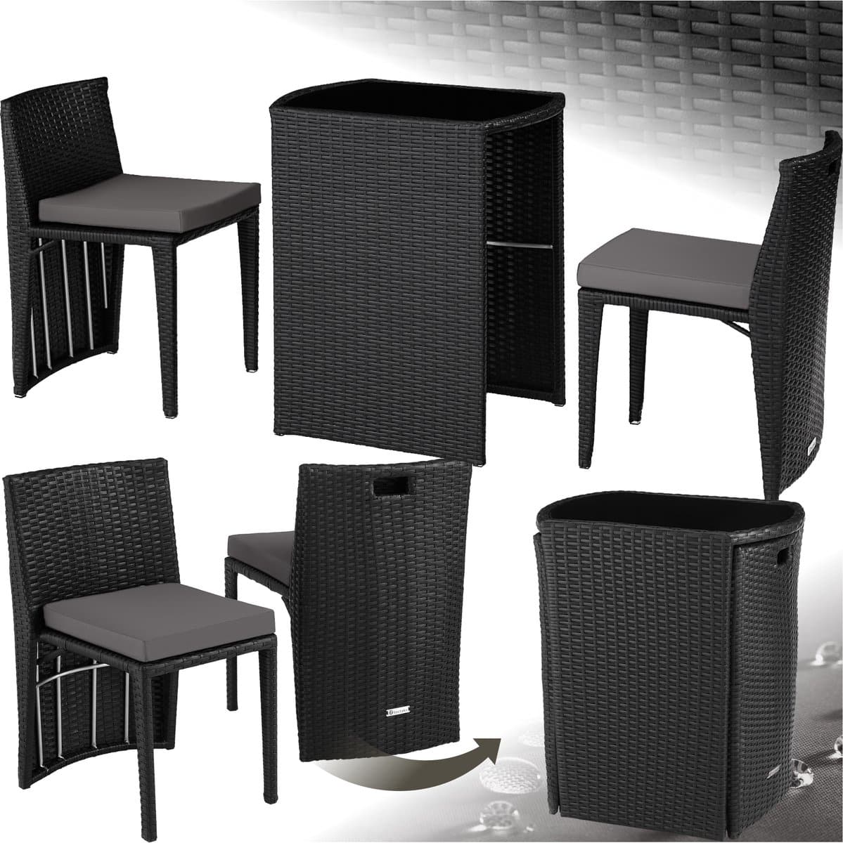 tectake® wicker bistroset, ruimtebesparend in elkaar te schuiven